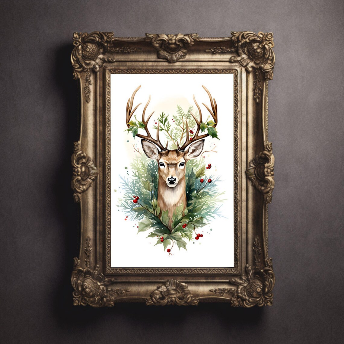 Watercolor Deer With Holly Berries And Evergreens Christmas Poster - Image 3
