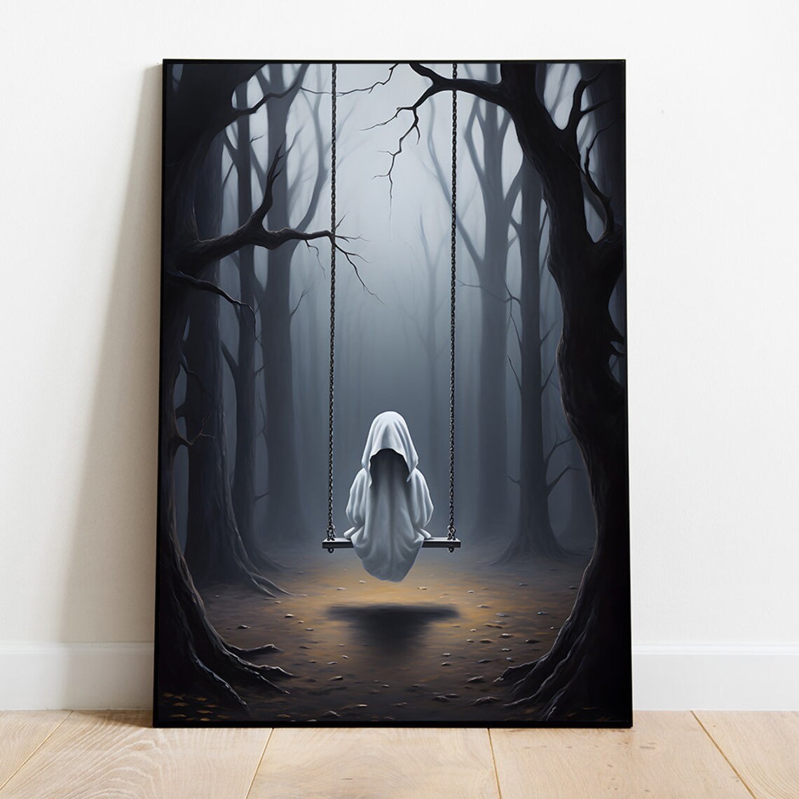 Ghost On A Swing In Dark Spooky Forest Halloween Night Art Poster