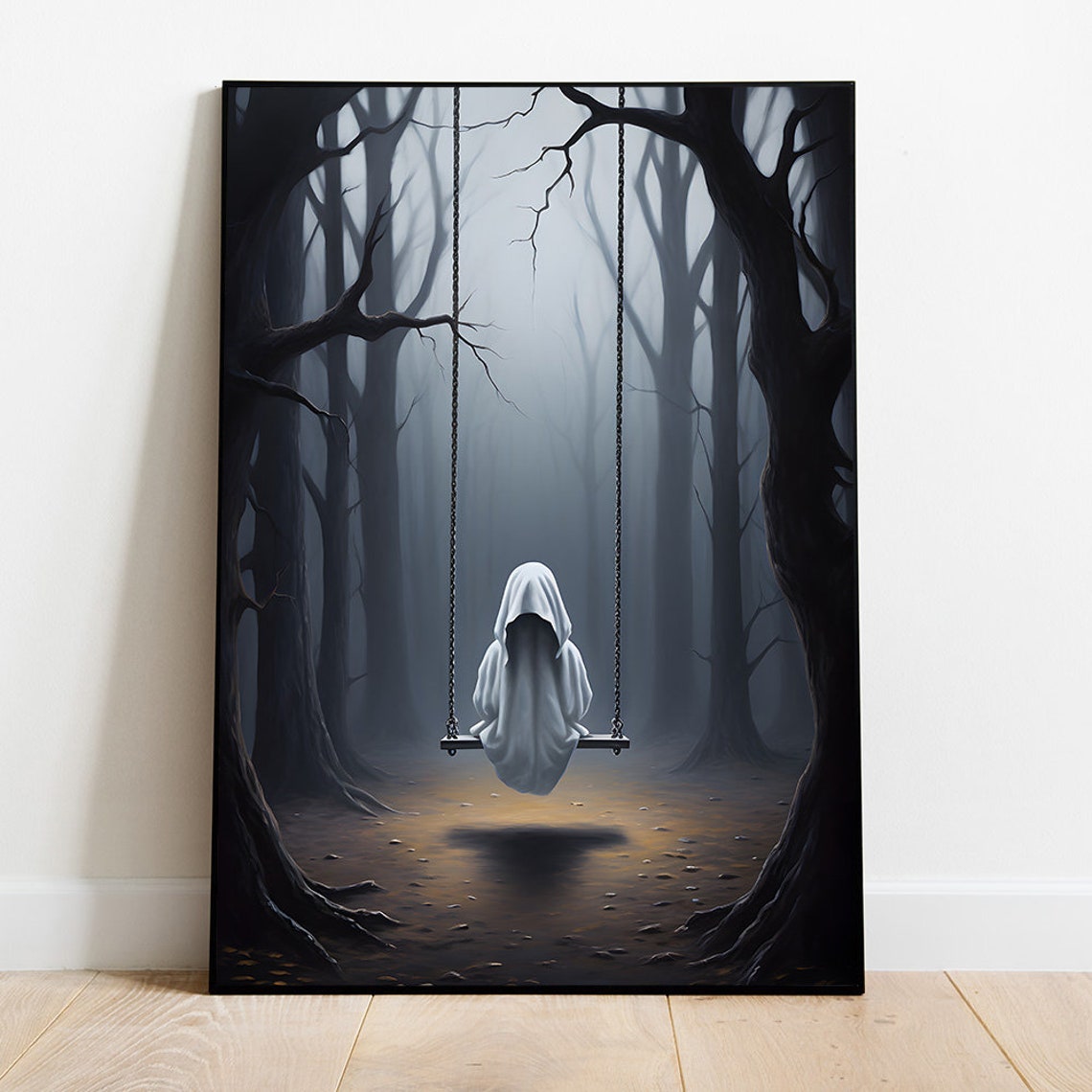 Ghost On A Swing Print Cute Ghost Painting Halloween Wall Art Funny Ghost Halloween Art
