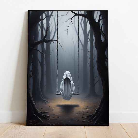 Ghost On A Swing Print Cute Ghost Painting Halloween Wall Art Funny Ghost Halloween Art