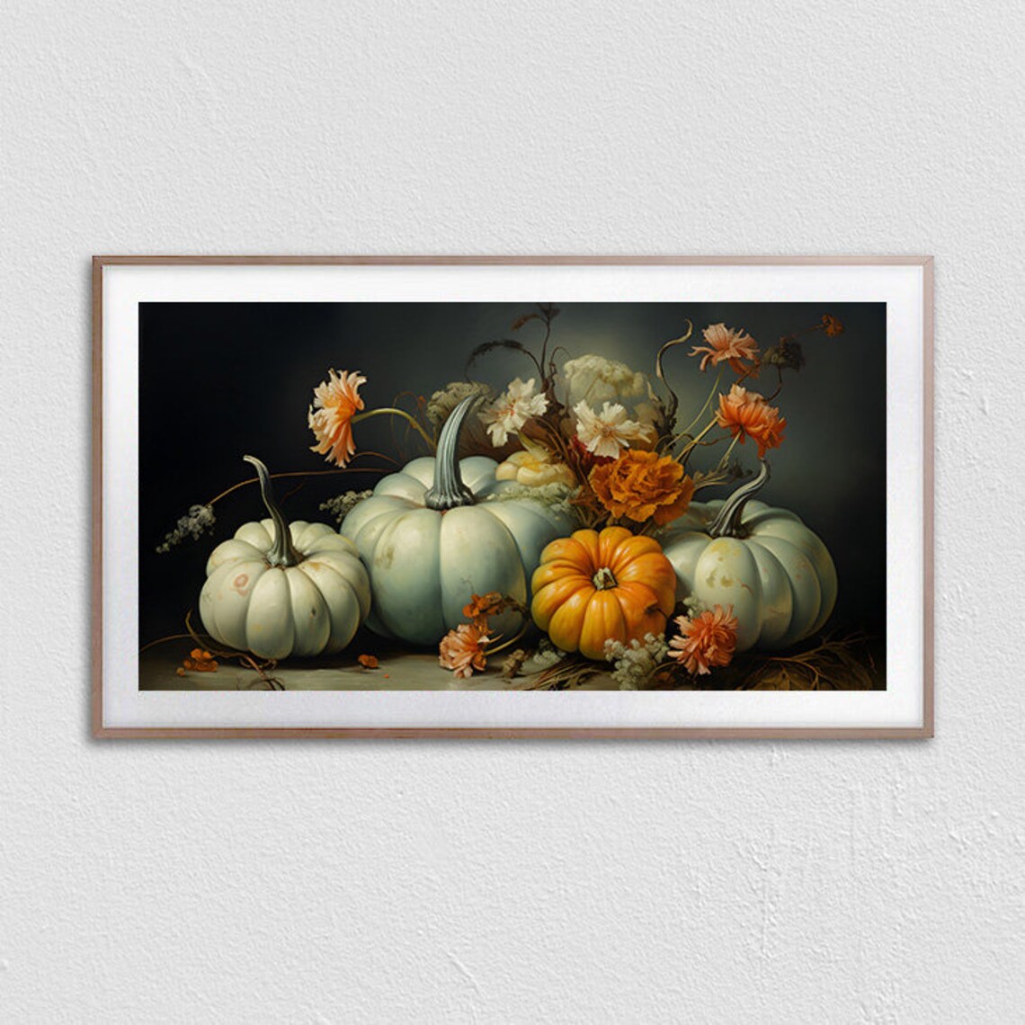 Teal Pumpkins And Fall Flowers Moody Still Life Painting Poster - Image 2