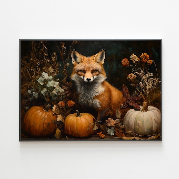 Fox And Pumpkin Wall Art Fox Harvest Fall Print Moody Autumn Print Cottage Core Art Rustic Fall Decor