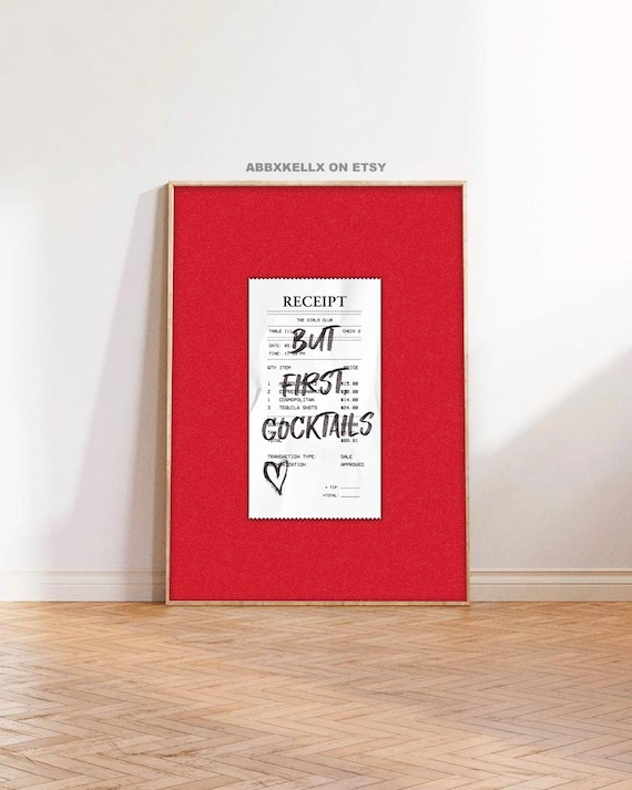 But First Cocktails Receipt Poster With Handwritten Script On Red