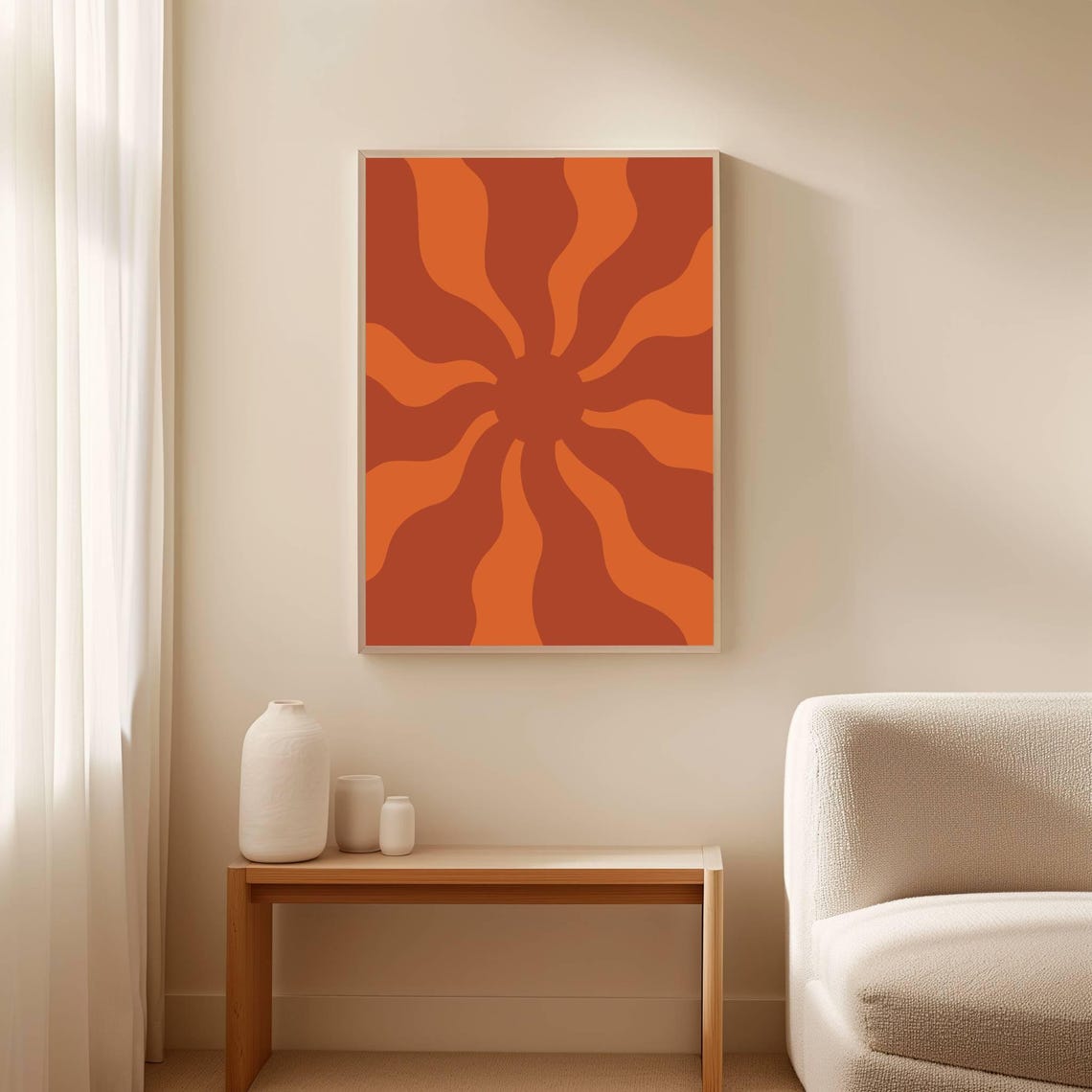 Retro Wavy Sunburst Burnt Orange Groovy 70s Style Abstract Poster - Image 2