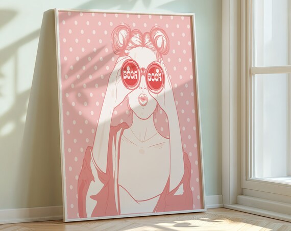 Book Lover Pink Red Reading Woman Binoculars Polka Dot Wall Art