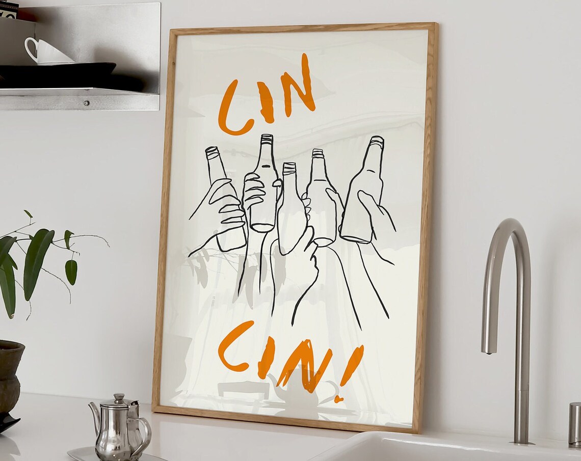 Cin Cin Cheers Beer Toast Orange Line Art Trendy Bar Cart Wall Poster