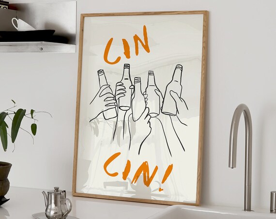 Cin Cin Cheers Beer Toast Orange Line Art Trendy Bar Cart Wall Poster