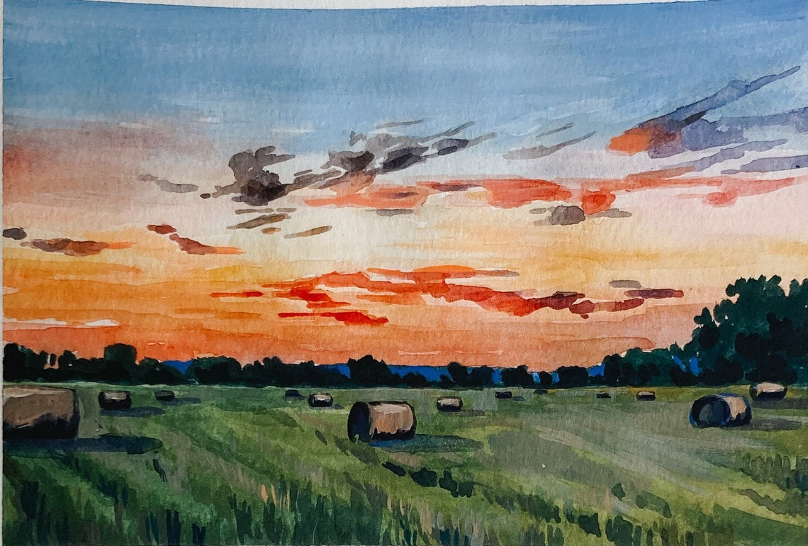 Missouri Sunset Watercolor Landscape Art Print - Image 2