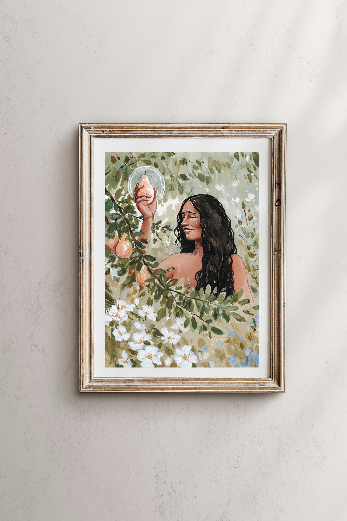 Mother Eve in the Garden Holding a Pear Blossom Watercolor Art Poster
