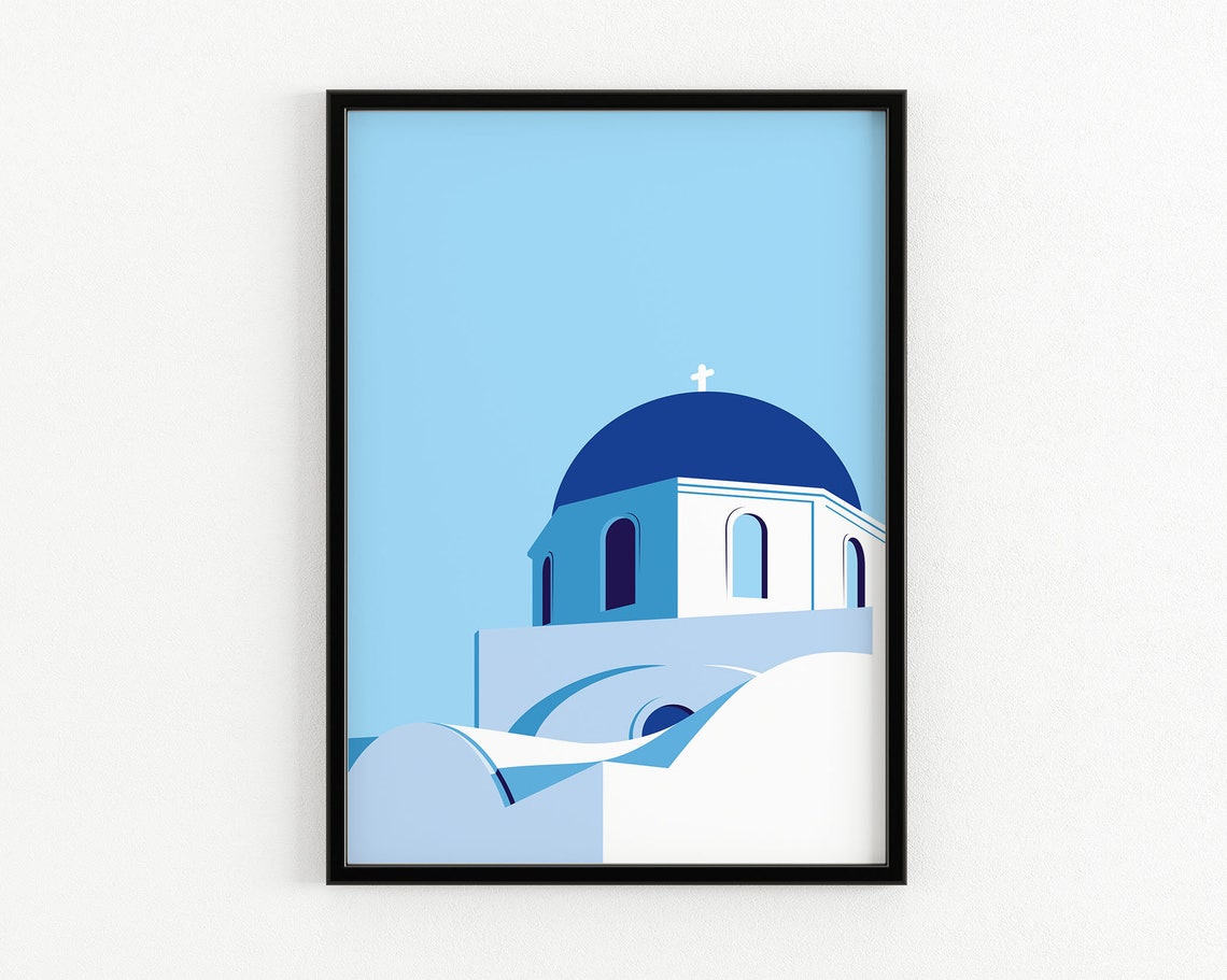 Santorini Blue Dome Church Greek Island Whitewashed Art Poster