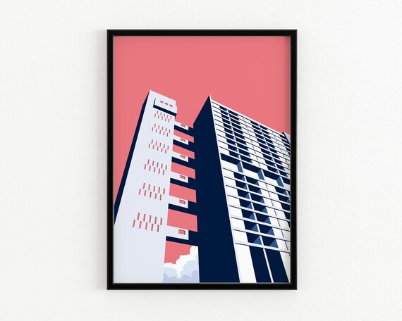 Trellick Tower London Brutalist High Rise Pink Sky Art Poster