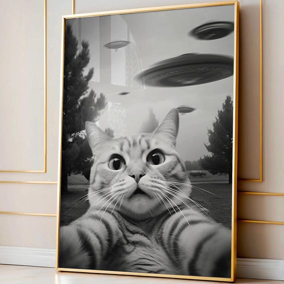 Funny Cat Selfie With Ufo Print Poster Trendy Wall Art Instant Gift For Lover