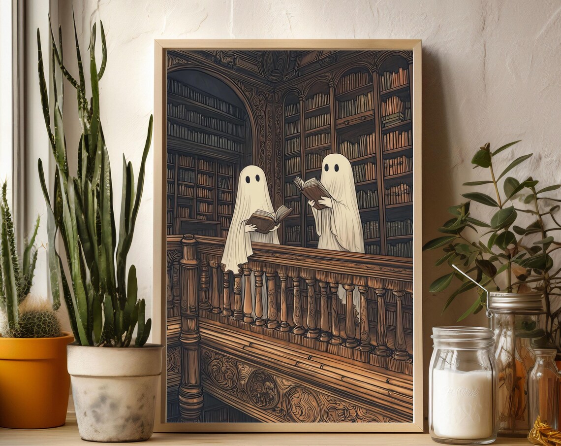 Two Cute Ghosts in a Library, Vintage Gothic Poster
