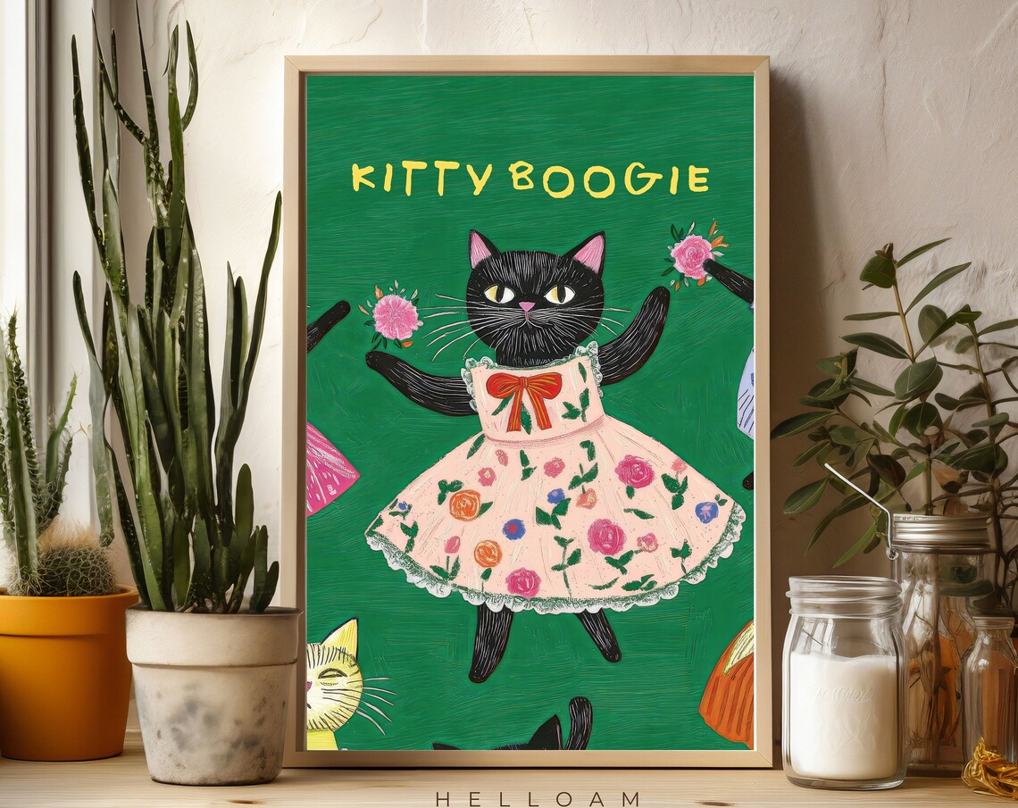 Kitty Boogie Dancing Black Cat Pink Floral Dress Cute Green Wall Poster