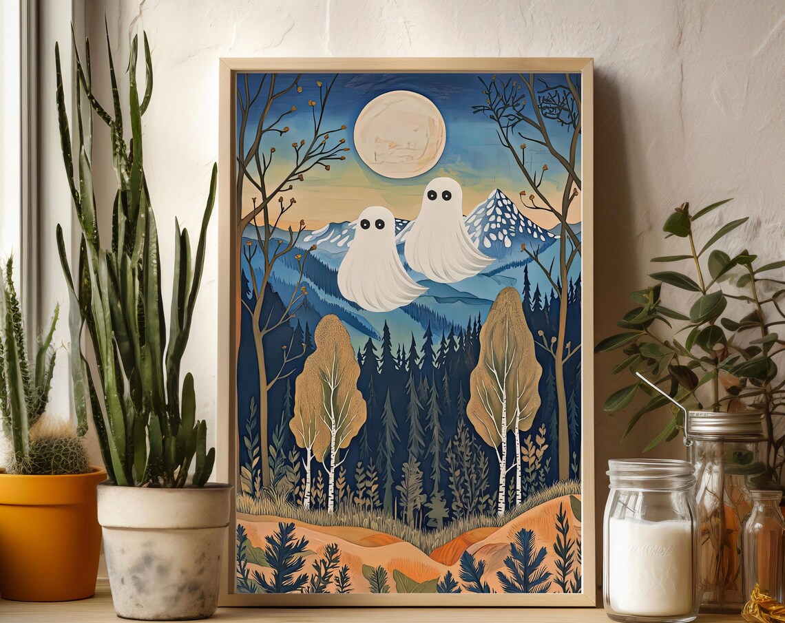 Two Cute Ghosts Floating Over Moonlit Mountains Forest Halloween Poster