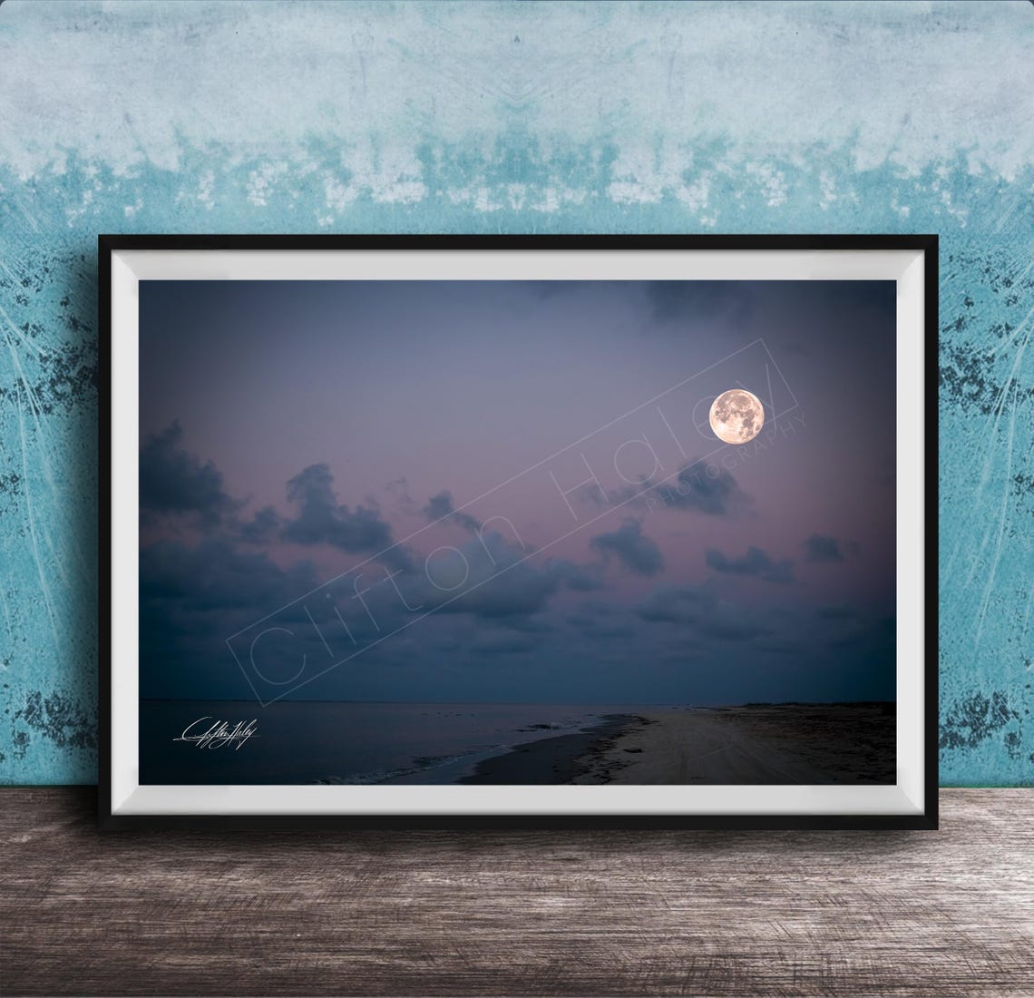 Blue Hour Moonrise Coastal Beach Tranquil Ocean Night Sky Wall Art