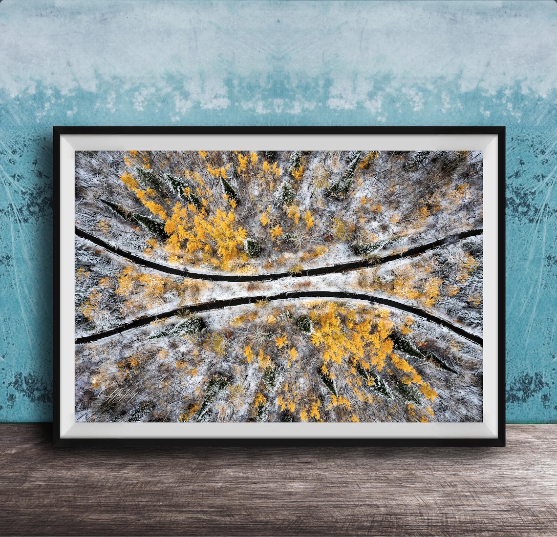 Golden Aspens In Snow Aerial Winter Forest Winding Road Poster
