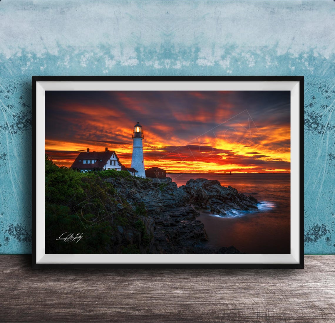 Portland Head Light Lighthouse Fiery Red Sunset Ocean Wall Art