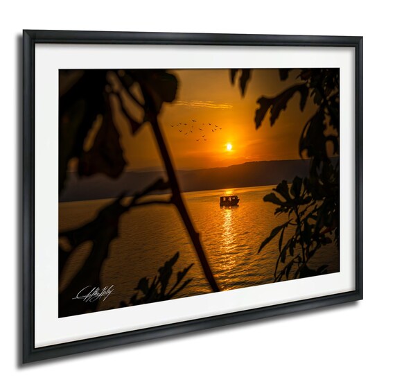 Sunrise Over Calm Lake Fishing Boat Silhouette Golden Nature Photo Poster
