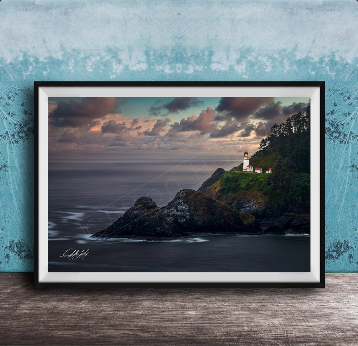 Heceta Lighthouse At Sunset Oregon Coast Waves Seascape View Poster