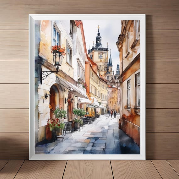 Prague Art Print Czech Republic Wall Art Baroque Architecture Streetscape Watercolor Painting Gothic Spires Art Europe Travel Gift