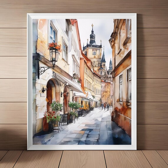Prague Old Town Street Clock Tower Cafes Lanterns Watercolor Wall Art
