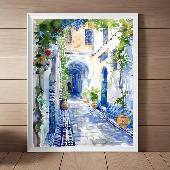 Marrakesh Painting Morocco Art Print European Wall Art Moroccan Travel Art Flowers And Blue Tile Watercolor Instant