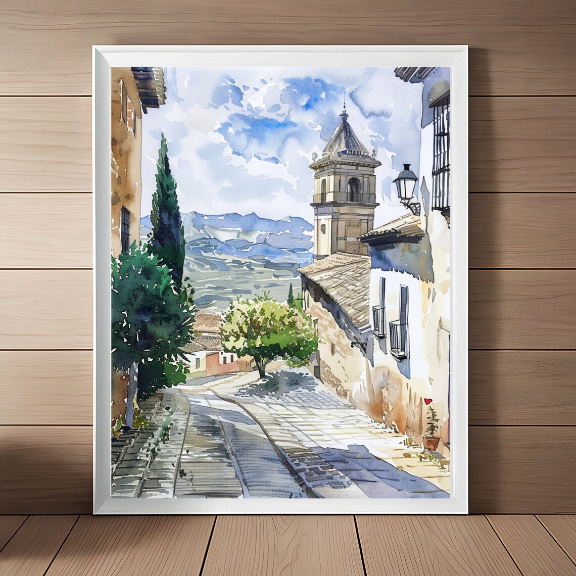 Granada Spain Watercolor Street Scene Church Tower Old Town Wall Art