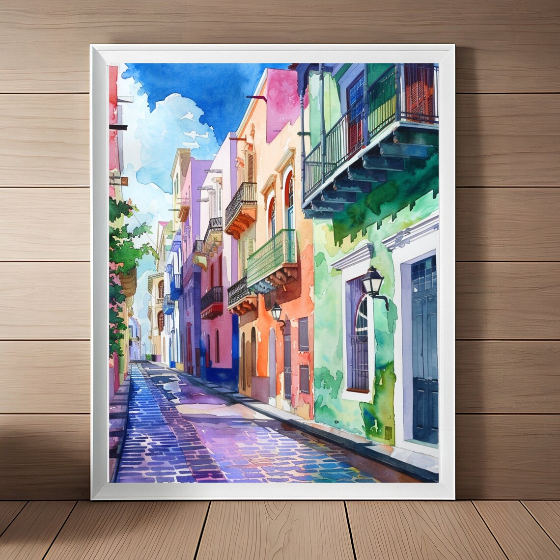 San Juan Puerto Rico Colorful Balcony Street Watercolor Poster
