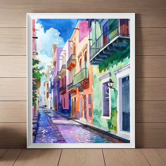 San Juan Puerto Rico Colorful Balcony Street Watercolor Poster