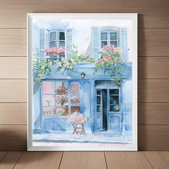 Paris Flower Shop Watercolor Blue Facade With Pink Roses Poster