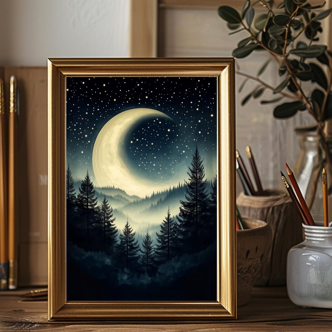 Crescent Moon Starry Night Sky Painting Surreal Misty Mountain Forest Print Celestial Moody Dark Academia Moon And Stars Wall Art - Image 2