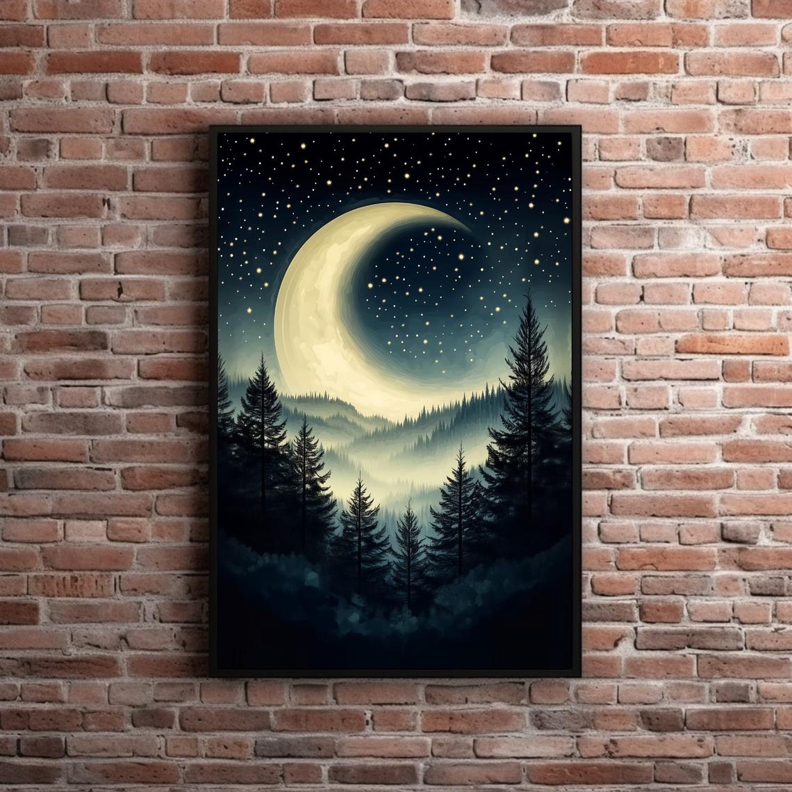 Crescent Moon Starry Night Sky Painting Surreal Misty Mountain Forest Print Celestial Moody Dark Academia Moon And Stars Wall Art - Image 5
