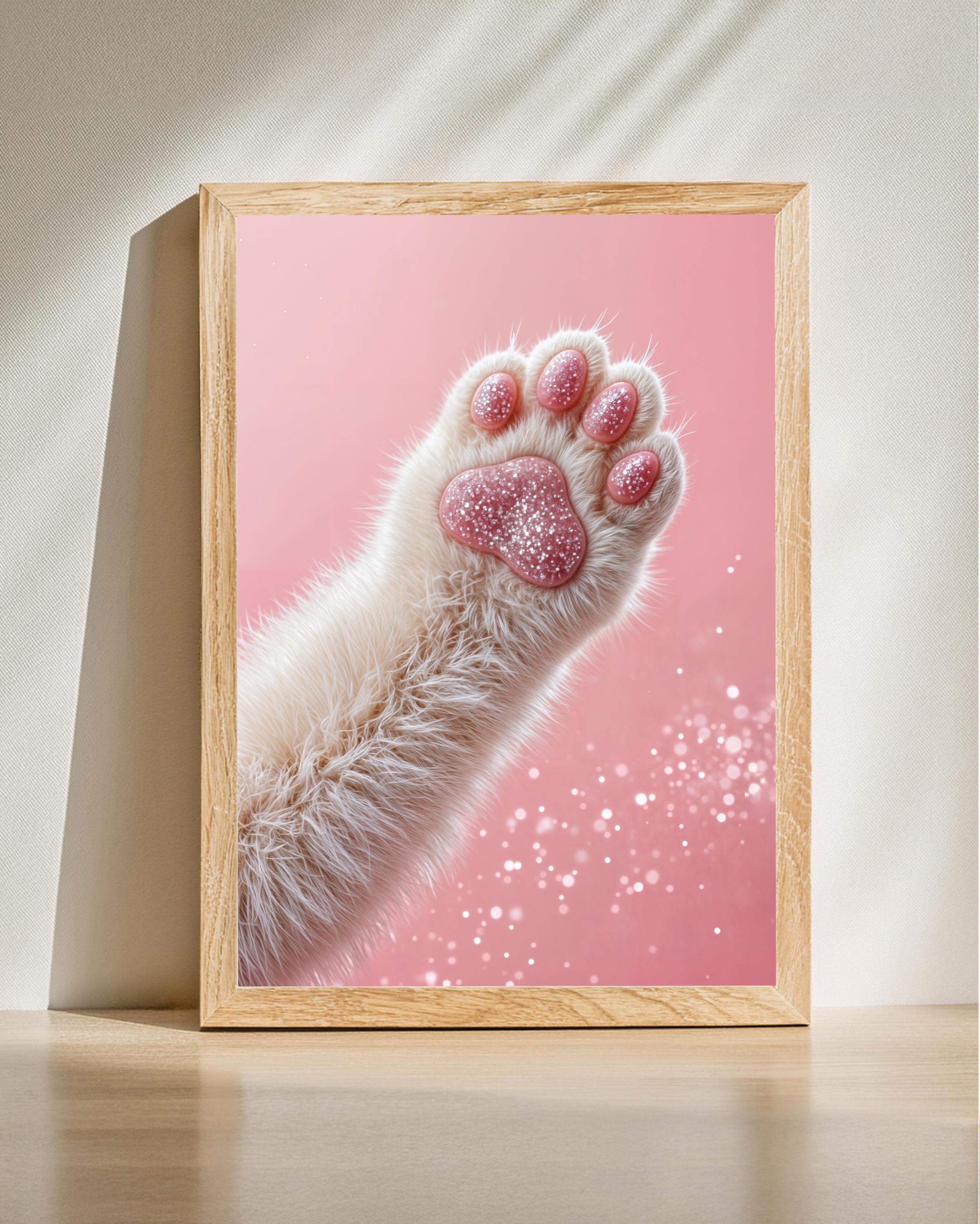 Sparkling White Cat Paw Pink Glitter Toe Beans Cute Animal Poster