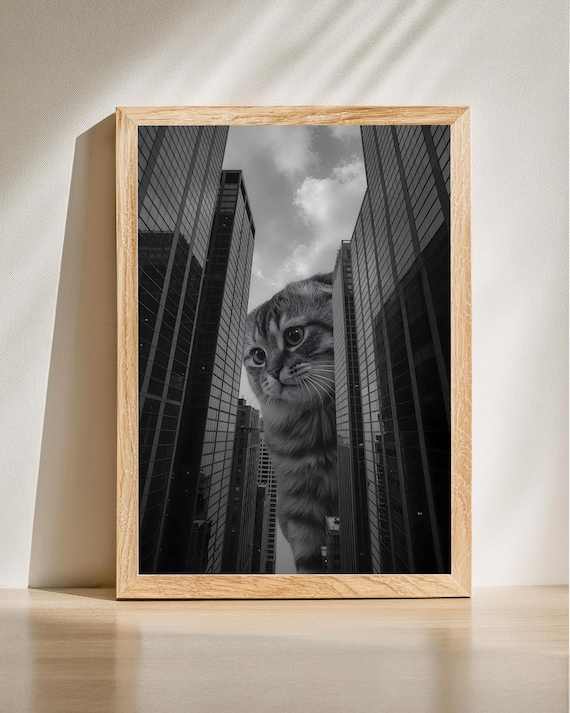 Giant Cat Among City Skyscrapers Surreal Black and White Poster