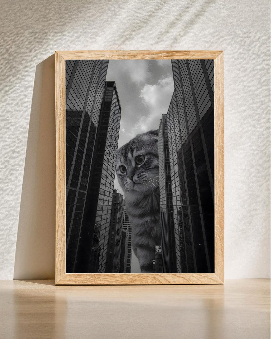 Giant Cat Among City Skyscrapers Surreal Black and White Poster
