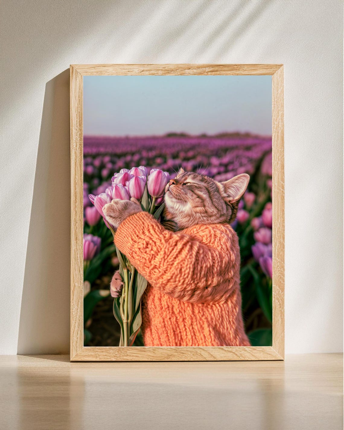 Cozy Cat in Sweater Hugging Pink Tulips in a Spring Field Poster