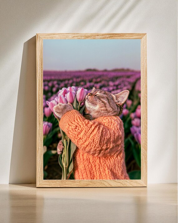 Cozy Cat in Sweater Hugging Pink Tulips in a Spring Field Poster