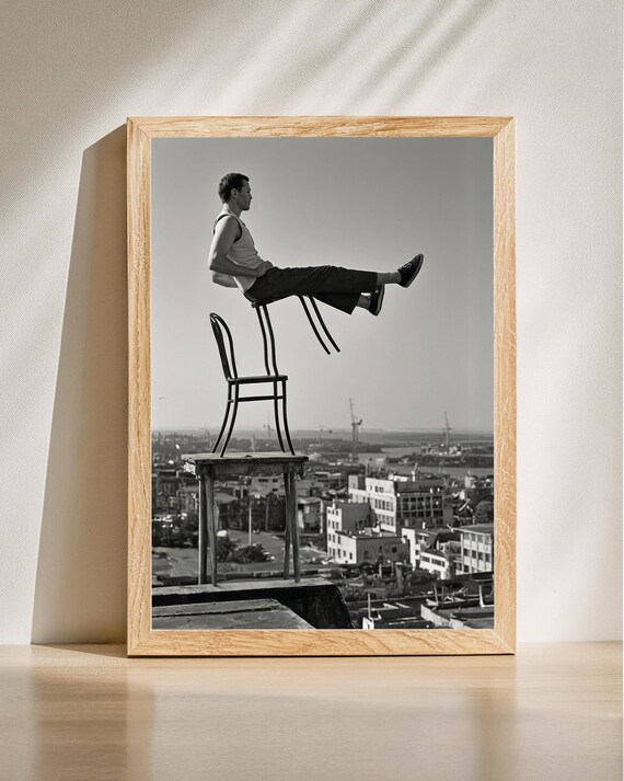 Balancing Man On Chair Surreal Vintage Black White Photo Poster