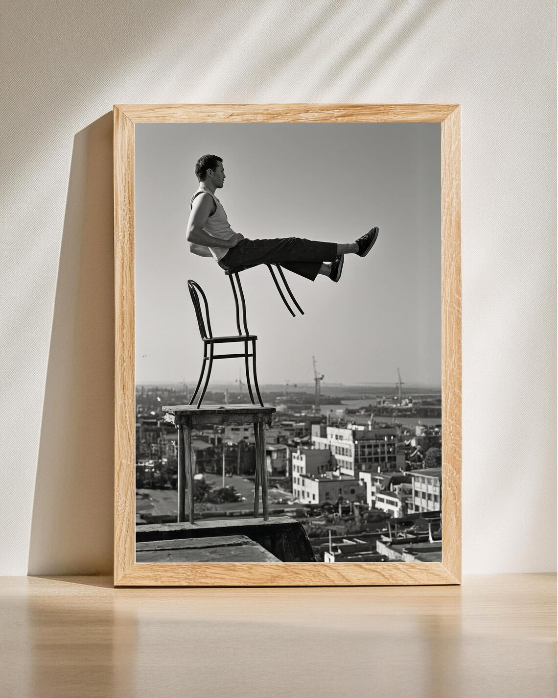 Balancing Man On Chair Surreal Vintage Black White Photo Poster