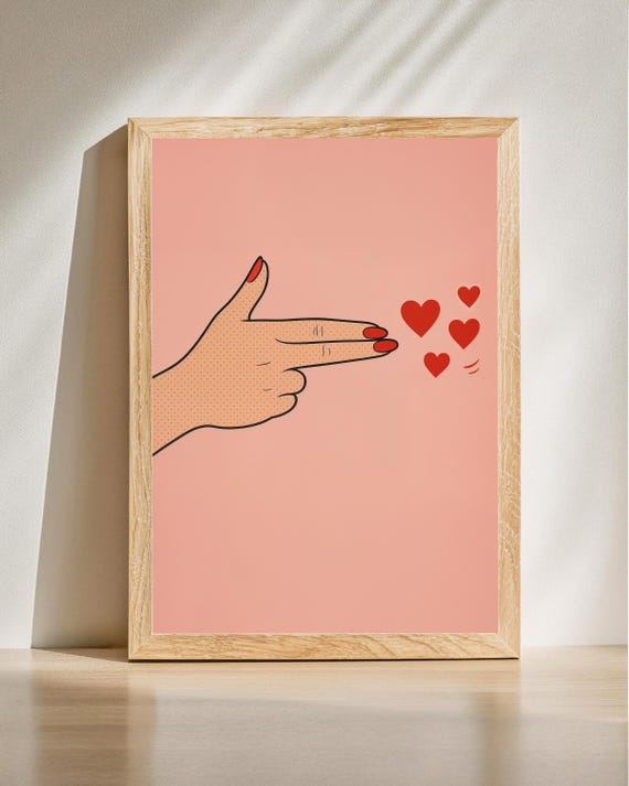 Pop Art Love Gesture Shot Poster Playful Illustration Hand Print Retro Heart Wall Pink