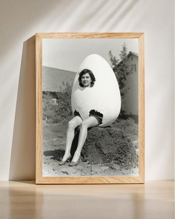 Vintage Eggshell Lady Surrealist Photography Whimsical Art Print Unique Home Decor Quirky Artwork