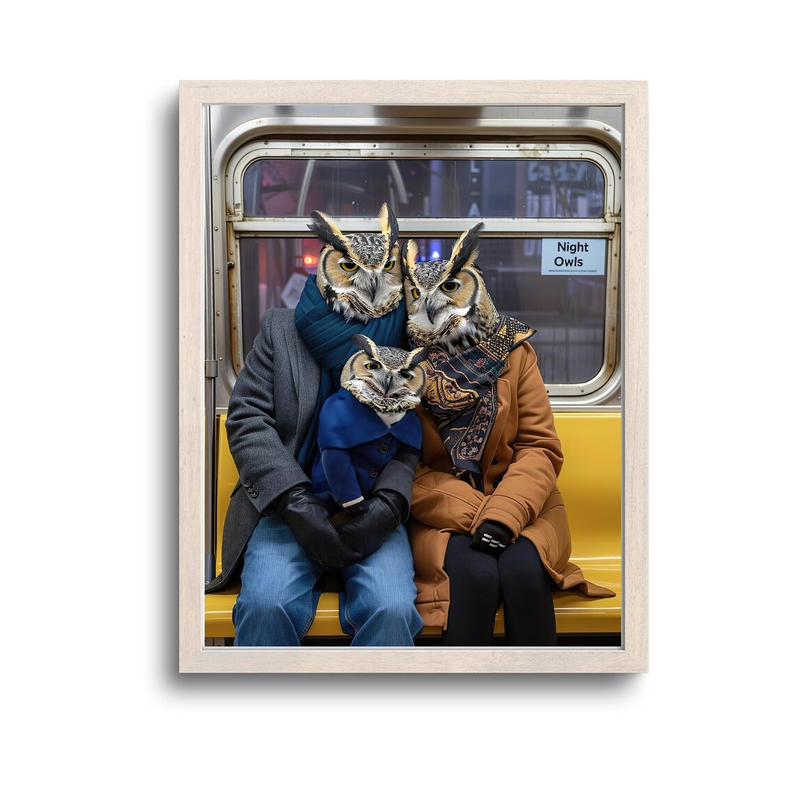 Owl Family in Winter Coats Riding Subway Night Owls Art Poster