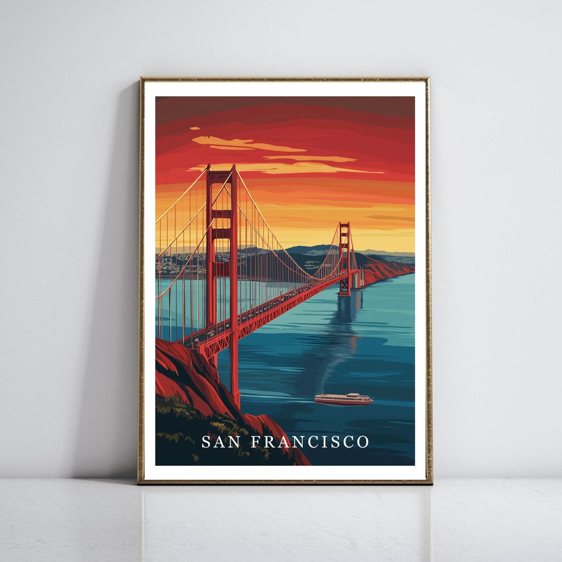 San Francisco California Golden Gate Bridge Sunset Travel Poster