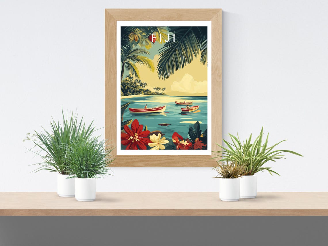 Fiji Lagoon Canoes Palm Fronds Hibiscus Tropical Travel Poster - Image 2