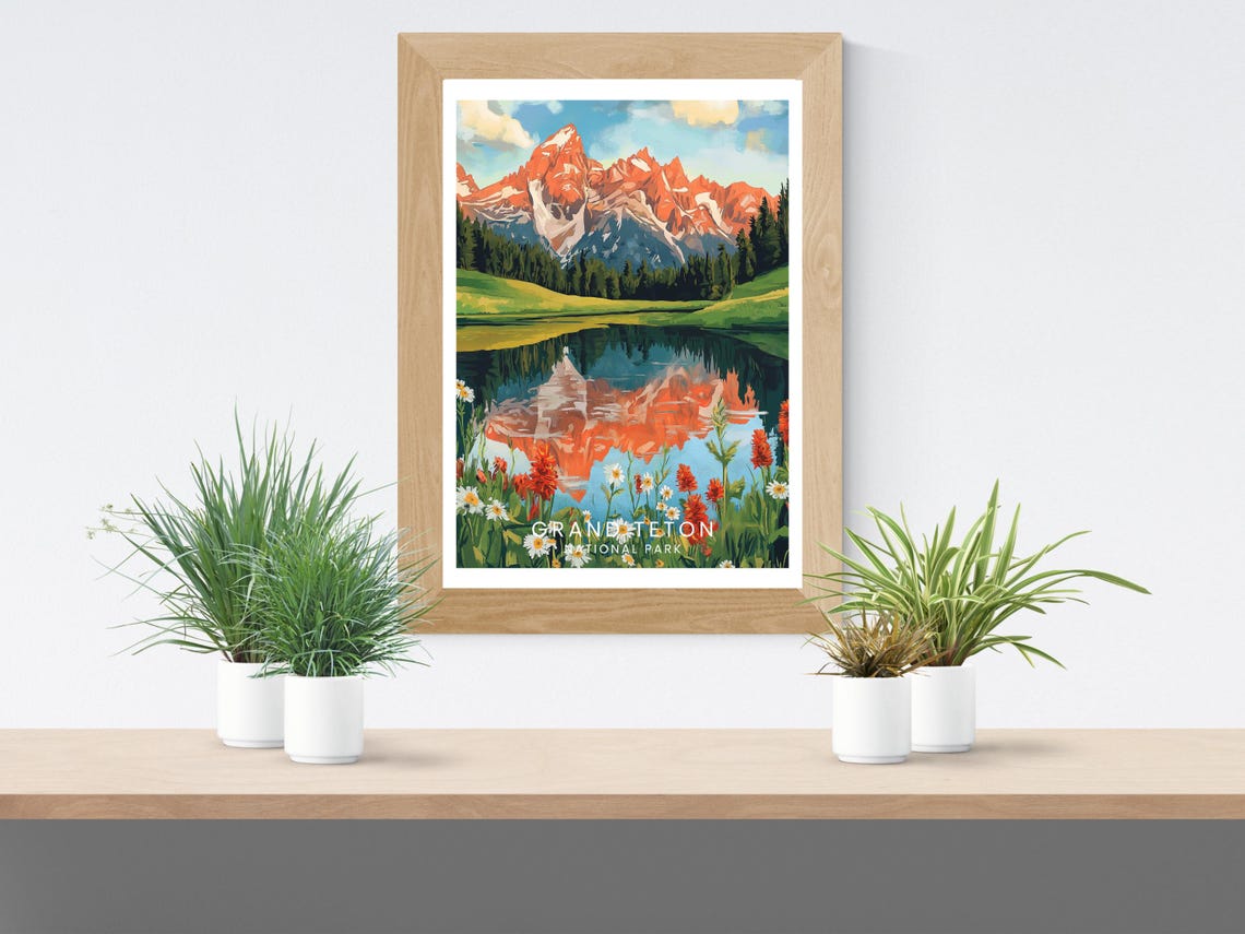 Grand Teton Alpenglow Peaks Lake Reflection National Park Poster - Image 2