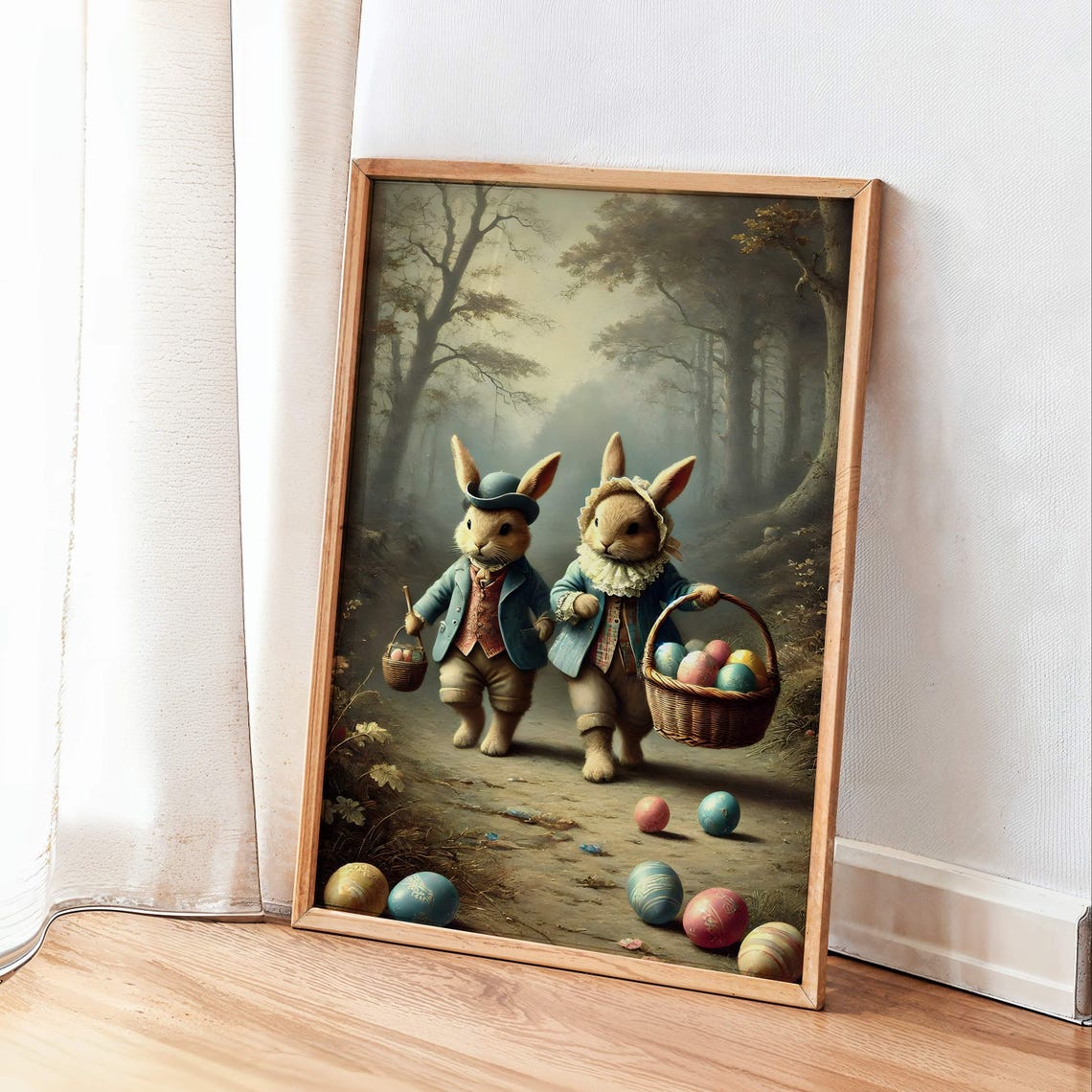 Two Bunnies in Blue Coats Misty Forest Easter Eggs Vintage Poster - Image 3