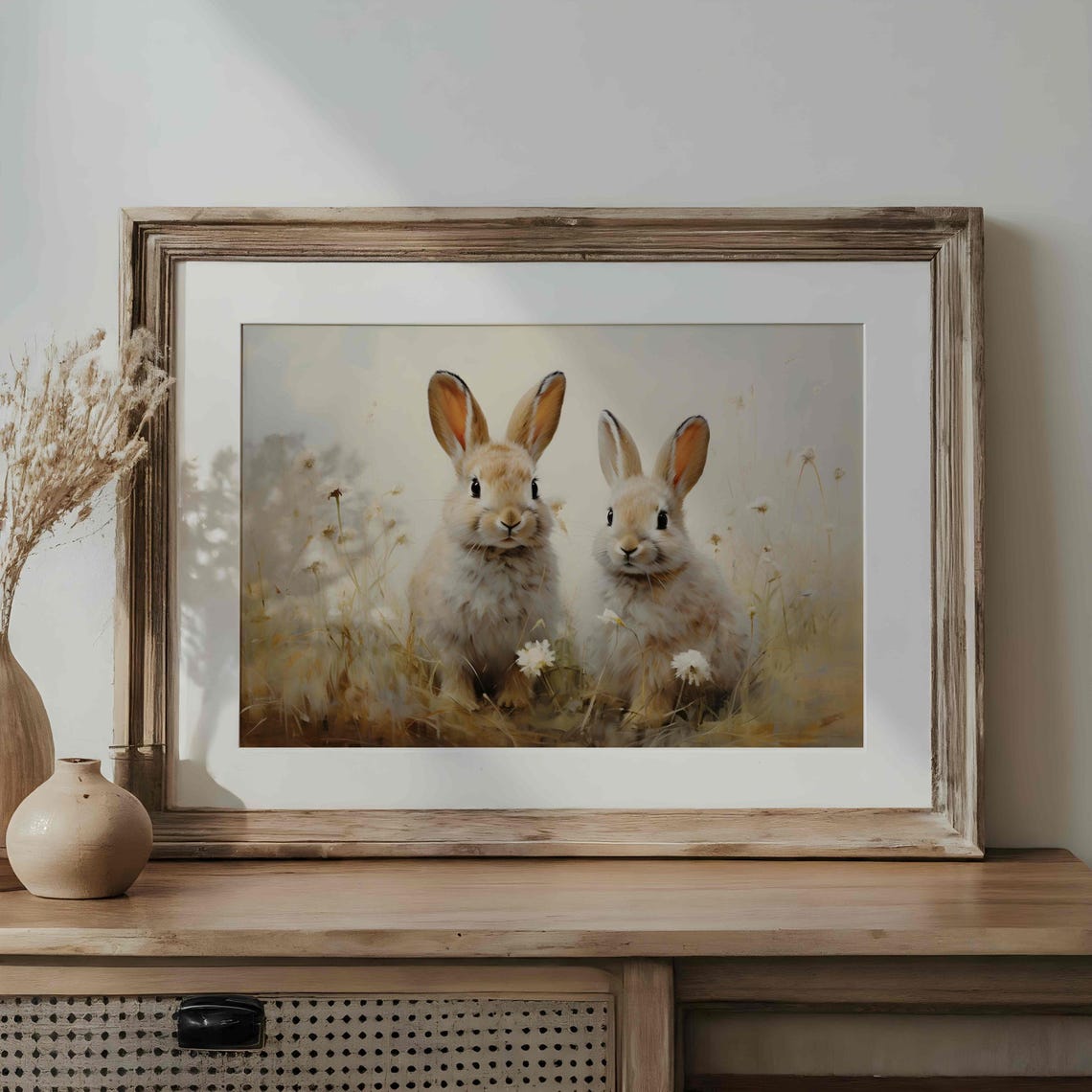 Two Baby Bunnies Among White Wildflowers Vintage Spring Poster - Image 3