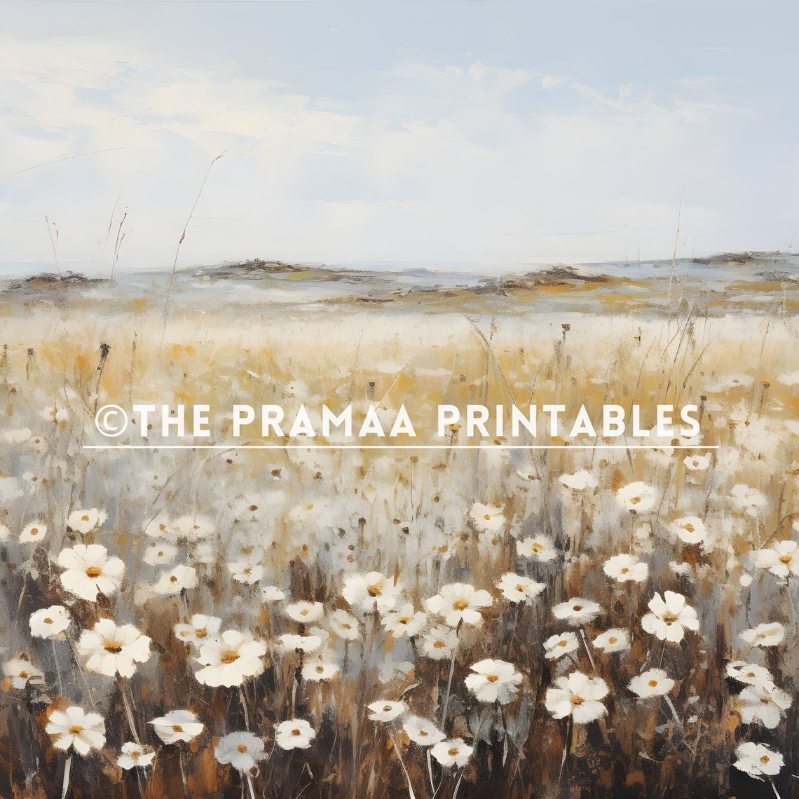 White Daisy Field Under a Soft Sky Rustic Wildflower Painting Poster - Image 2