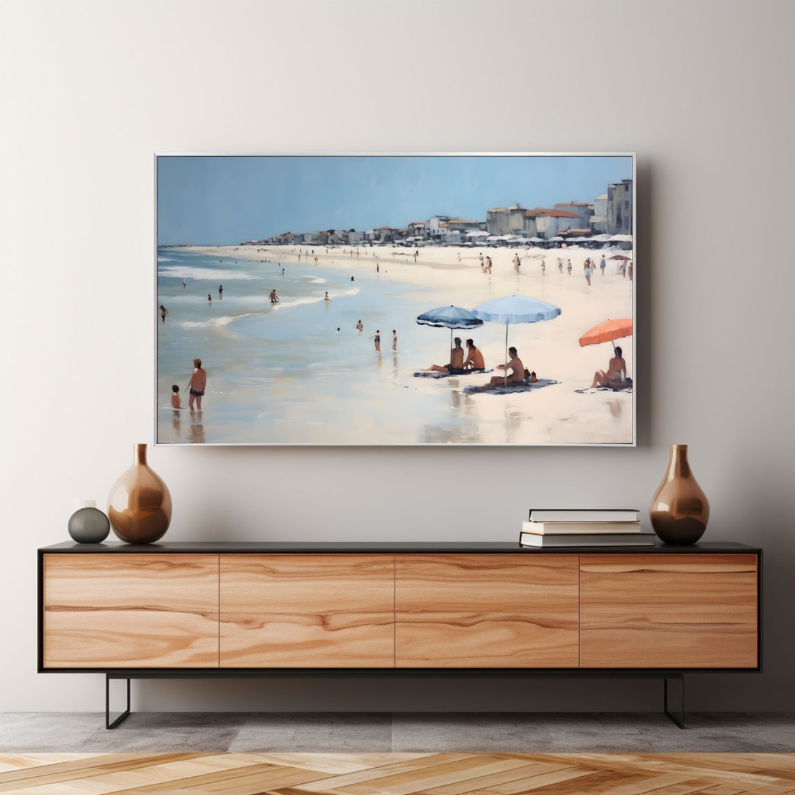 Summer Beach Umbrellas Coastal Town Vintage Seaside Scene Poster - Image 3